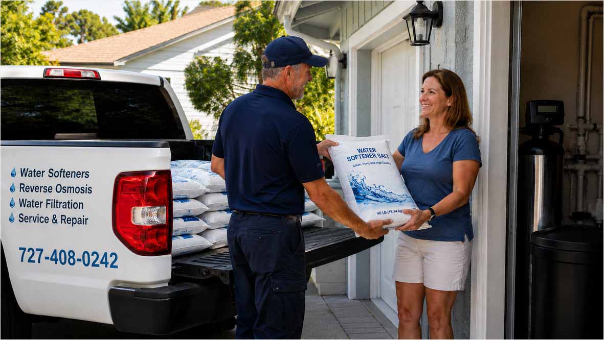 Just Water Treatment technician delivering water softener salt to a customer's garage in Tampa Bay