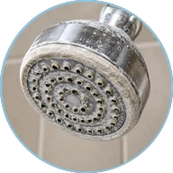 Hard water scale built up on a chrome shower head