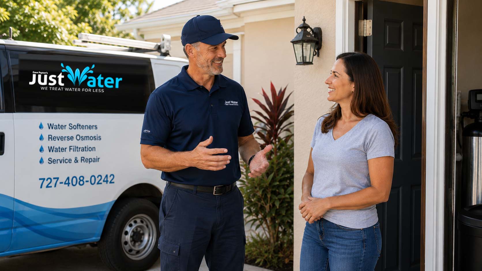 Just Water Treatment technician meeting a Clearwater homeowner at her front door for a free in-home water test, branded service van in the driveway