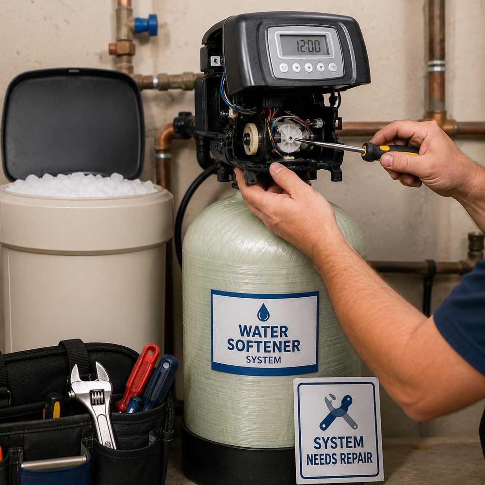 Just Water technician repairing the control valve on a water softener