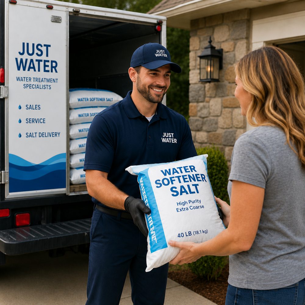 Just Water driver delivering a bag of water softener salt to a customer's door